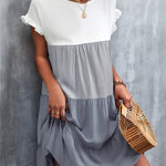 Loose Ruffle Sleeves Contrast Color Falbala Pleated Split-Joint Round-Neck Mini Dresses
