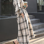 Long Sleeves Loose Plaid Split-Joint Tied Waist Lapel Maxi Dresses Shirt Dress