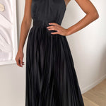 Beaming Smile Satin Halter Neck Pleated Midi Dress