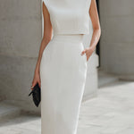 High-Neck Sleeveless Structured Midi Dress