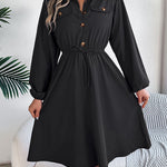 A-line Long Sleeves Buttoned Pleated Solid Color Tied Lapel Midi Dresses Shirt Dress