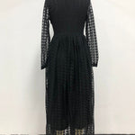 High Waisted Long Sleeves Buttoned Gauze See-Through Solid Color V-Neck Maxi Dresses