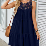 A-Line Loose Hollow Pleated Solid Color Split-Joint Round-Neck Mini Dresses