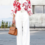 Long Sleeves Loose Contrast Color Flower Print One-Shoulder Blouses&Shirts Tops