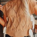 Light French Beige Hollowed Knit Scalloped Trim High Neck Sweater
