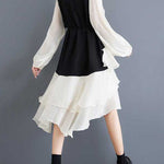 High-Low Long Sleeves Contrast Color Ruffle Trim Split-Joint Round-Neck Midi Dresses