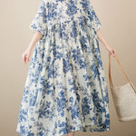 Loose Short Sleeves Floral Printed Pleated Split-Joint Round-Neck Midi Dresses