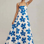 A-Line High Waisted Backless Contrast Color Flower Print Split-Joint Spaghetti-Neck Maxi Dresses