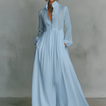 Women's Minimalist Cotton And Linen Patchwork Single-breasted Stand-up Collar Long-sleeved Maxi Dress