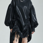 High-Low Long Sleeves Drawstring Pleated Solid Color Stand Collar Mini Dresses