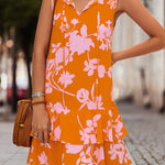 A-Line High Waisted Falbala Printed Split-Joint Tied Tiered V-Neck Mini Dresses