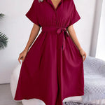 Loose Short Sleeves Solid Color Split-Joint Tied Waist Lapel Midi Dresses Shirt Dress
