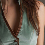 Sage Polyester velvet And Contrast Leather Trim Slim Fit Vest