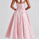 Margovil Halter V Neck Waisted Jacquard Swing Midi Party Dress