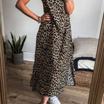 Black Contrast Striped Trim Leopard Sleeveless Midi Dress
