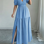 Half Sleeves High Waisted Pleated Solid Color Split-Front V-Neck Maxi Dresses
