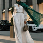 A-Line High Waisted Belted Buttoned Hollow Pleated Pockets Solid Color Split-Joint Stand Collar Maxi Dresses Shirt Dress