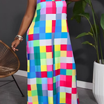 Loose Sleeveless Contrast Color Plaid Pleated Halter-Neck Jumpsuits