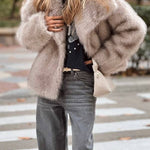 Short plush coat with large lapel