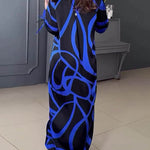 A-Line Long Sleeves Contrast Color V-Neck Maxi Dresses Shirt Dress