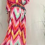 GROOVY Fashion striped v-neck puff sleeve fringed dress