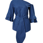 Flared Sleeves Asymmetric Knot Solid Color One-shoulder Blouses&shirts Tops