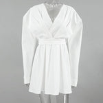 Long Sleeves Loose Pleated Solid Color Split-Joint Tied Waist V-Neck Mini Dresses Shirt Dress