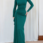 Bodycon High Waisted Asymmetric Pleated Ruffled Solid Color Split-Joint Round-Neck Maxi Dresses
