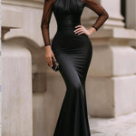 Elasticated Waist High Waisted Pleated See-Through Solid Color Split-Joint Halter-Neck Maxi Dresses