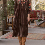 V Neck Tassel Front Spliced Velvet Midi Dress