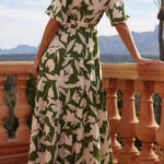 V-neck Short Sleeve Slit Printed Midi Dress