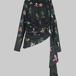 Long Sleeves Loose Asymmetric Flower Print Split-Joint Lapel Blouses&Shirts Tops