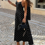A-Line High Waisted Backless Contrast Color Polka-Dot Split-Joint Halter-Neck Midi Dresses