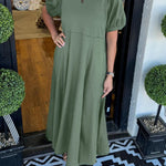 Women's Puff Sleeve Round Neck Long Dress