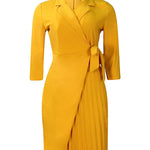 Three-Quarter Sleeves Pleated Solid Color Split-Front Tied Waist V-Neck Mini Dresses