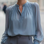 Dusty Blue Pleated Mandarin-Collar Chiffon Blouse