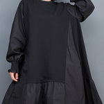 Loose Puff Sleeves Pleated Solid Color Split-Joint Round-neck Midi Dresses