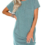 A-Line Loose Contrast Color Pockets Split-Joint Striped Round-Neck Mini Dresses