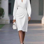 Elasticated Waist High Waisted Hollow Pleated Solid Color Round-Neck Midi Dresses