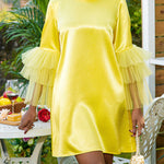 Half Sleeves Loose Shiny Solid Color Split-Joint Tulle Round-Neck Mini Dresses