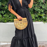 Black Drawstring Pleated Kimono Sleeve Ruffle Maxi Dress