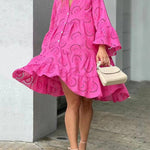 A-Line Flared Sleeves Buttoned Hollow Solid Color Split-Joint V-Neck Mini Dresses