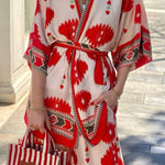 Pop of Red Ethnic Print Belted Kimono and Elastic Waist Pocket Cropped Pants Set