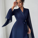 A-Line Elasticated Waist Interlace See-Through Solid Color Split-Joint Split-Side Tied Waist V-Neck Mini Dresses