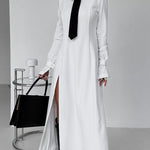 A-Line Flared Sleeves Buttoned Solid Color Split-Joint Split-Side Lapel Maxi Dresses Shirt Dress