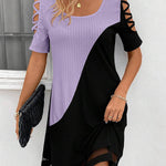 A-Line Loose Contrast Color Hollow Mesh Split-Joint Cold Shoulder Mini Dresses