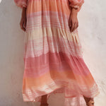 Boho Sunrise Ombre Off-Shoulder Flowing Chiffon Maxi Dress