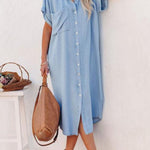 Fashion Solid Color Denim Short Sleeve Long Slit Shirt Dress