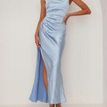Sleeveless Pleated Solid Color Split-Joint Split-Side Spaghetti-Neck Midi Dresses