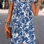A-Line Ruffle Sleeves Printed Split-Joint Tied V-Neck Mini Dresses